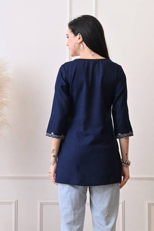 Blue Embroidered Cotton Blend Short Kurti