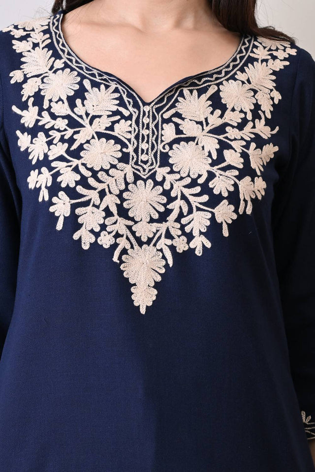 Blue Embroidered Cotton Blend Short Kurti