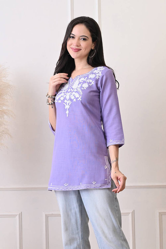 Lavender Embroidered Cotton Blend Short Kurti