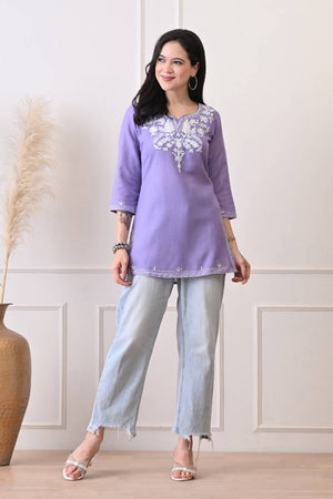 Lavender Embroidered Cotton Blend Short Kurti
