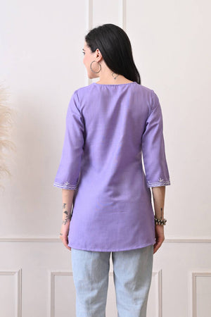 Lavender Embroidered Cotton Blend Short Kurti