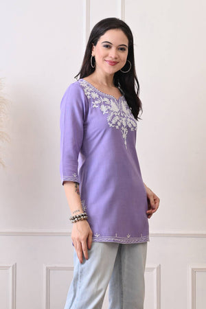 Lavender Embroidered Cotton Blend Short Kurti