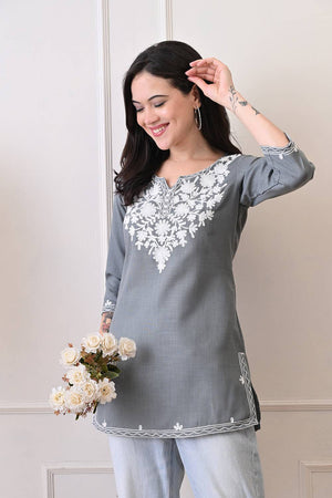 Grey Embroidered Cotton Blend Short Kurti