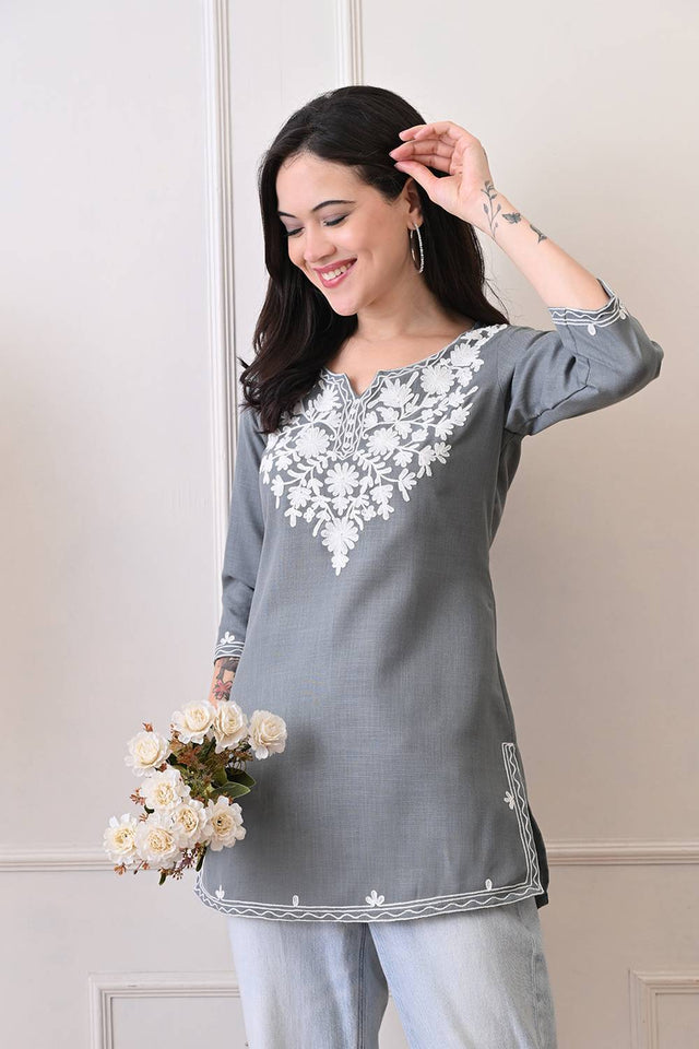 Grey Embroidered Cotton Blend Short Kurti
