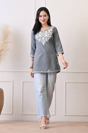 Grey Embroidered Cotton Blend Short Kurti