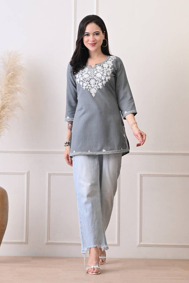Grey Embroidered Cotton Blend Short Kurti