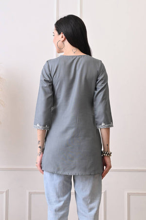 Grey Embroidered Cotton Blend Short Kurti