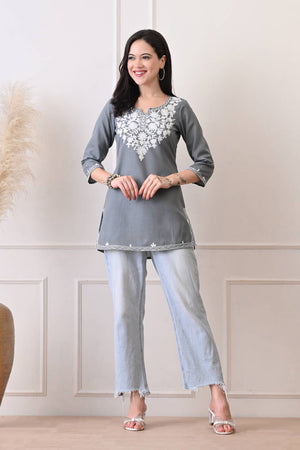 Grey Embroidered Cotton Blend Short Kurti