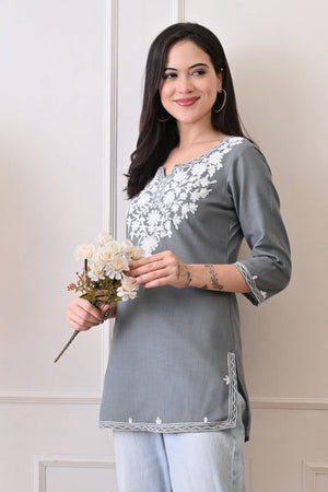 Grey Embroidered Cotton Blend Short Kurti