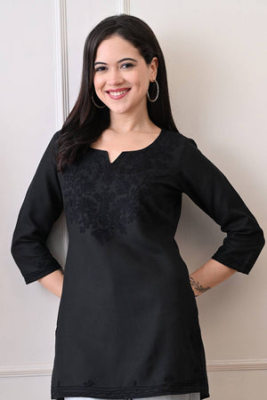 Black Embroidered Cotton Blend Short Kurti