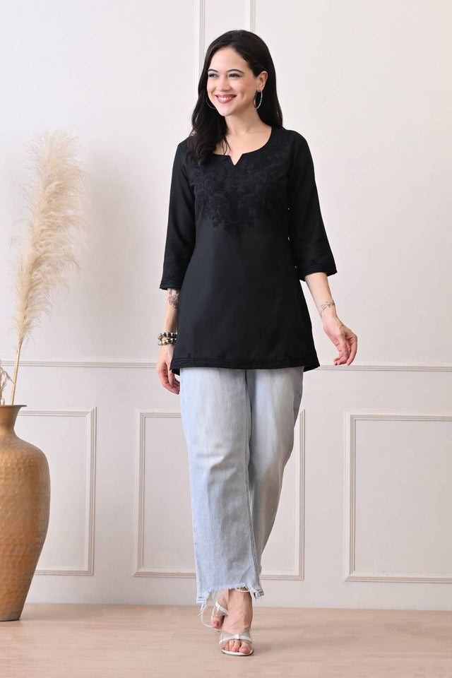 Black Embroidered Cotton Blend Short Kurti