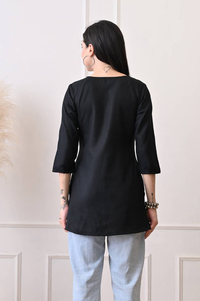 Black Embroidered Cotton Blend Short Kurti