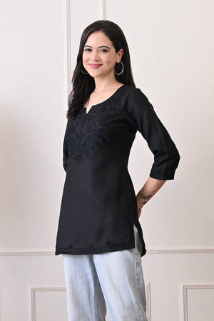 Black Embroidered Cotton Blend Short Kurti