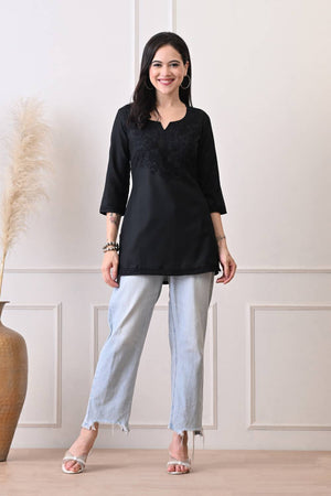 Black Embroidered Cotton Blend Short Kurti