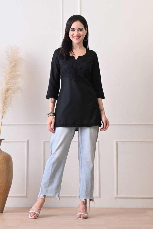 Black Embroidered Cotton Blend Short Kurti