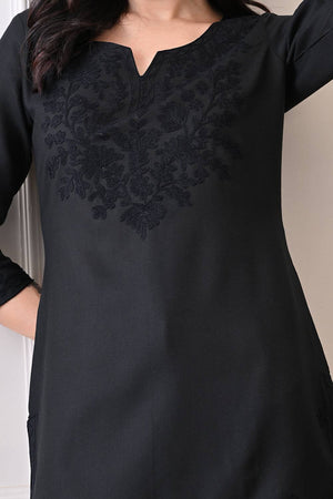 Black Embroidered Cotton Blend Short Kurti