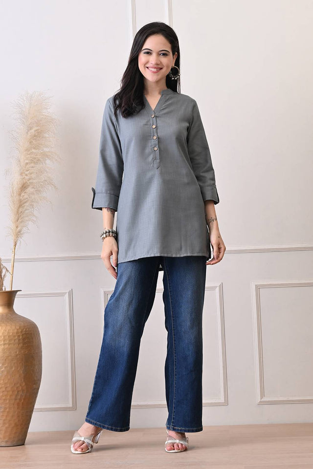 Grey Solid Cotton Blend Short Kurti