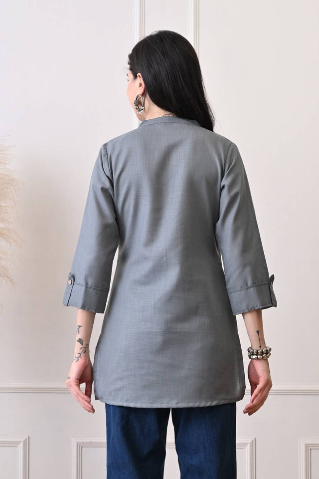 Grey Solid Cotton Blend Short Kurti