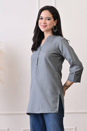 Grey Solid Cotton Blend Short Kurti