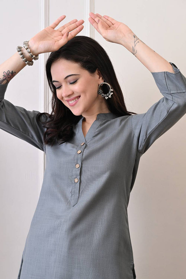Grey Solid Cotton Blend Short Kurti