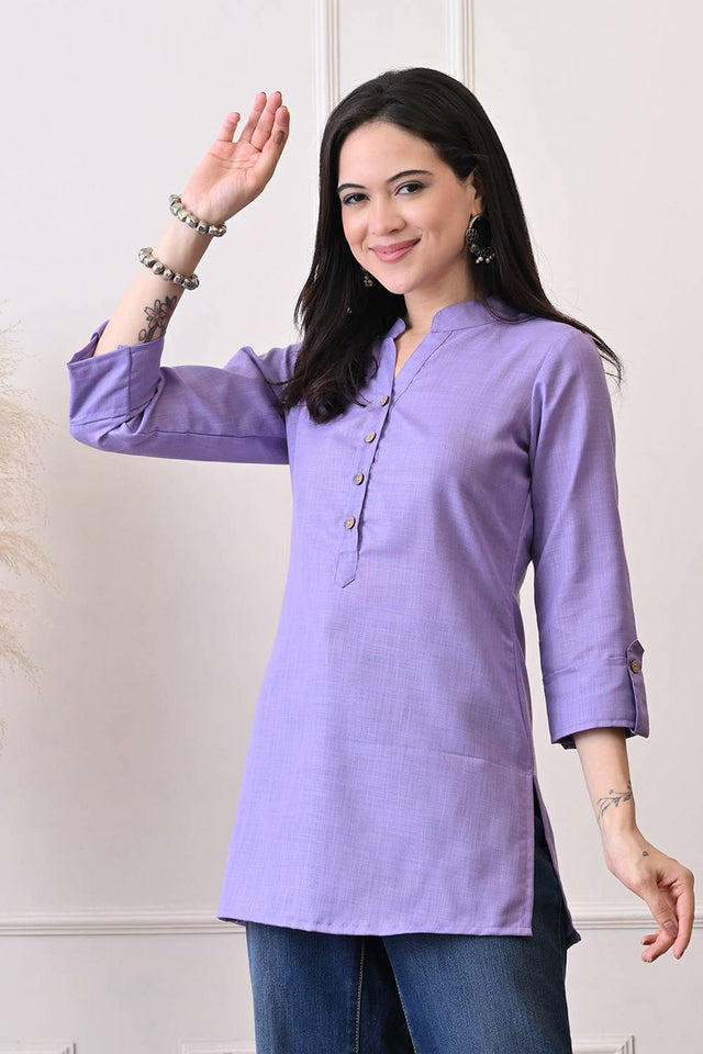 Lavender Solid Cotton Blend Short Kurti