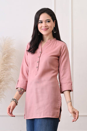 Peach Solid Cotton Blend Short Kurti