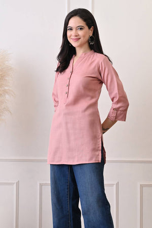 Peach Solid Cotton Blend Short Kurti