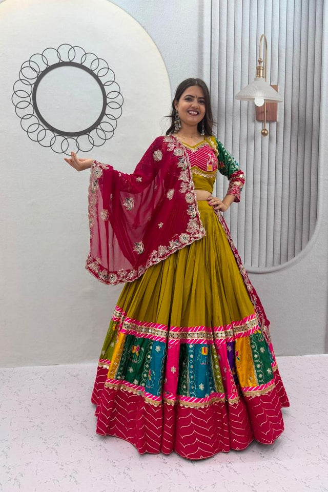 Olive Green Sequin with Embroidered Cotton Lehenga (TP-328_Olive)