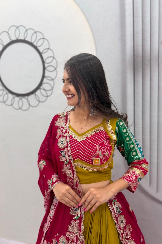 Olive Green Sequin with Embroidered Cotton Lehenga (TP-328_Olive)