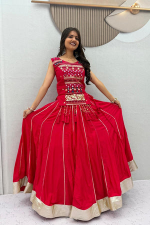 Red Sequin with Embroidered Cotton Lehenga (TP-329-Red)