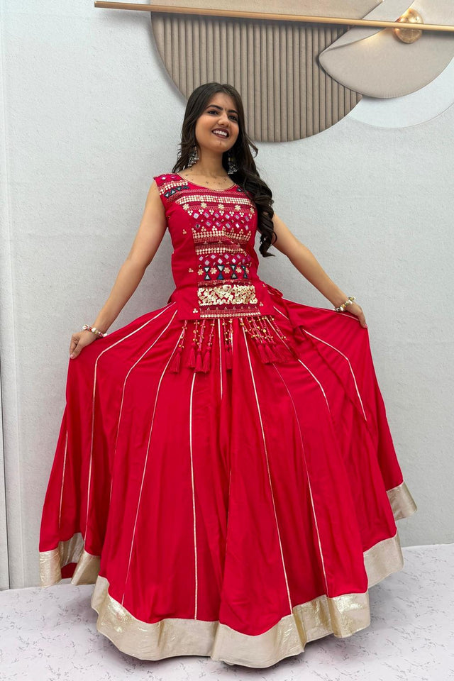 Red Sequin with Embroidered Cotton Lehenga (TP-329-Red)