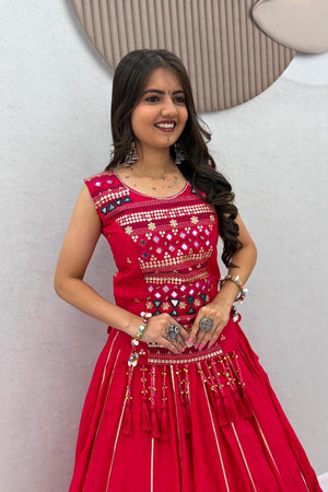 Red Sequin with Embroidered Cotton Lehenga (TP-329-Red)