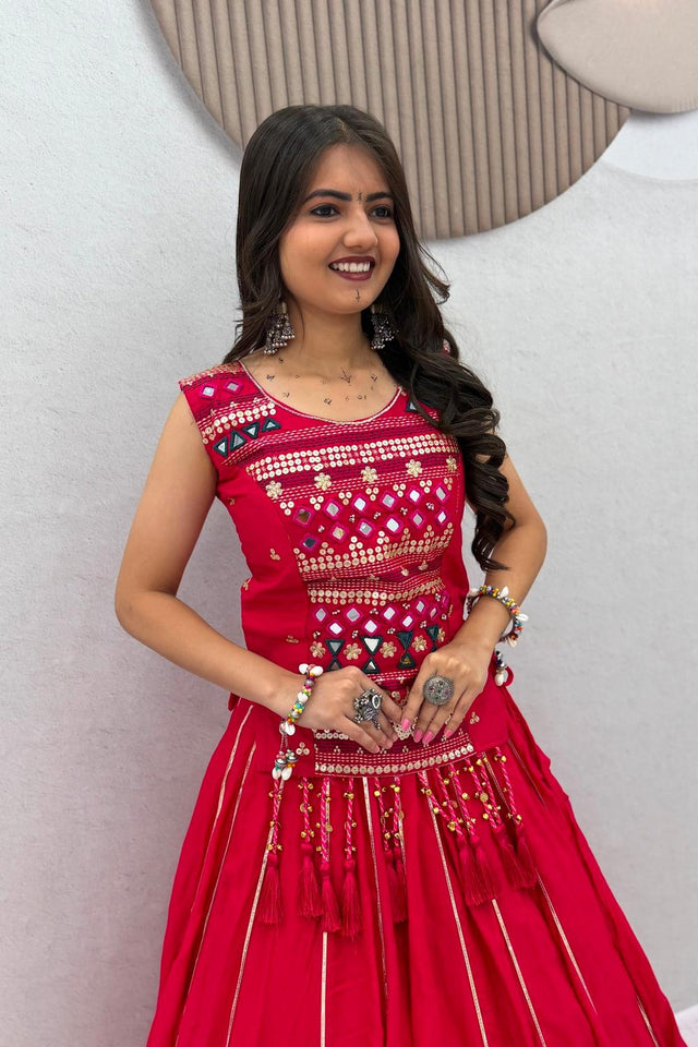 Red Sequin with Embroidered Cotton Lehenga (TP-329-Red)