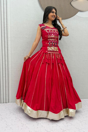 Red Sequin with Embroidered Cotton Lehenga (TP-329-Red)