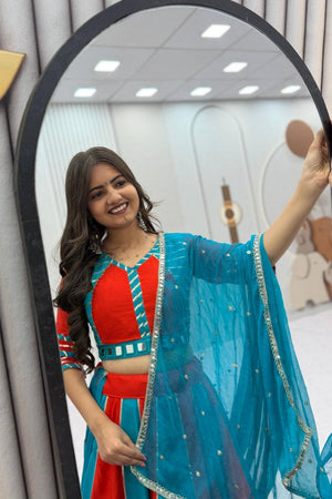 Sea Blue Lace Work Cotton Lehenga (TP-589-Aqua)