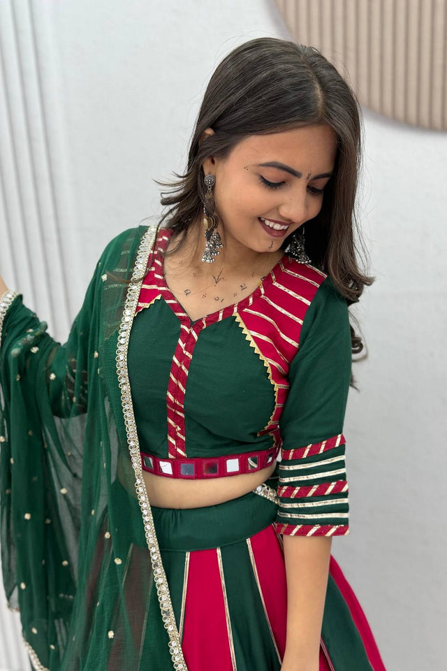 Green Lace Work Cotton Lehenga (TP-589-Green)