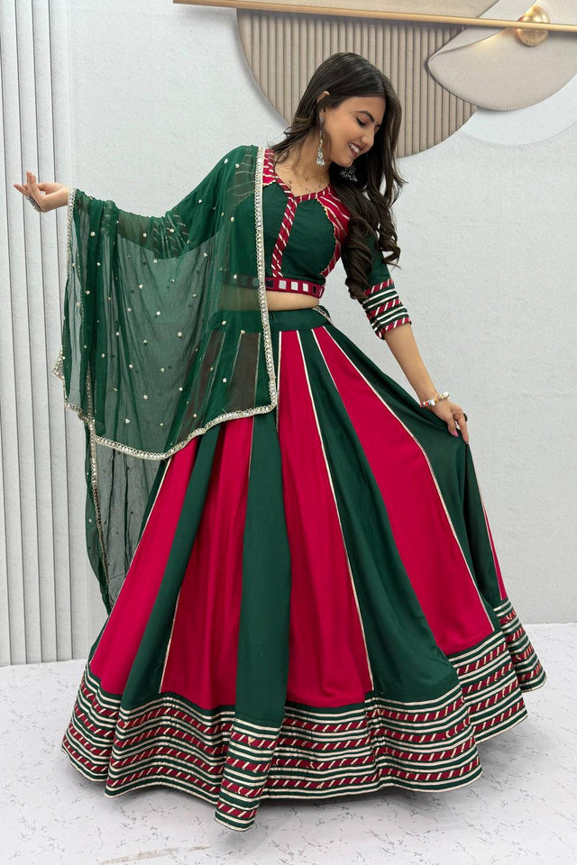 Green Lace Work Cotton Lehenga (TP-589-Green)