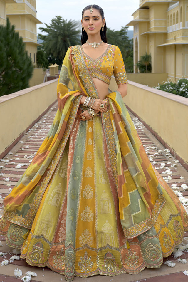 Multi Color Floral Embroidered Silk Lehenga