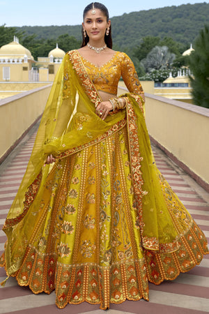 Mustard Floral Embroidered Silk Lehenga