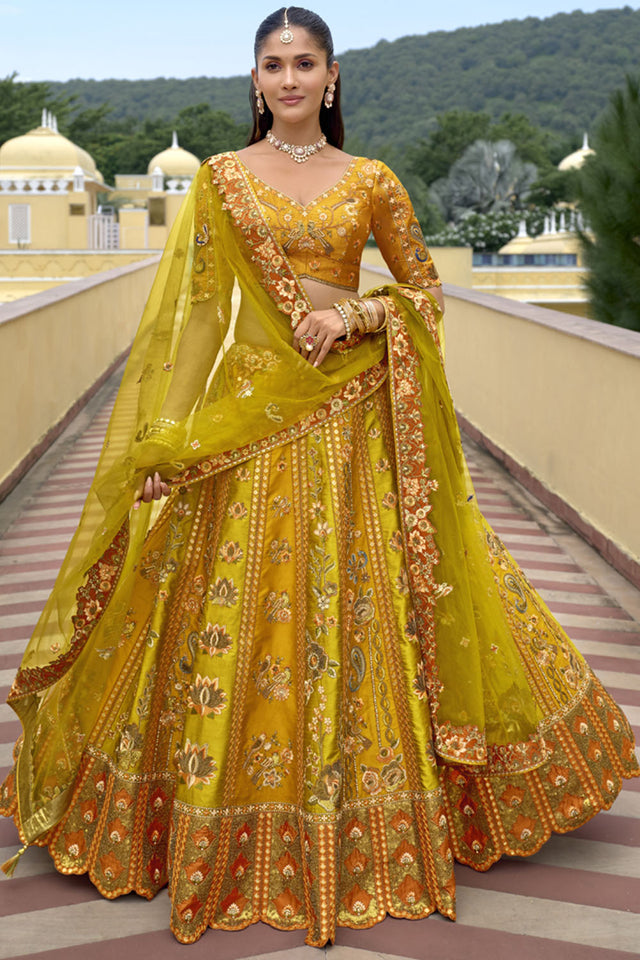 Mustard Floral Embroidered Silk Lehenga