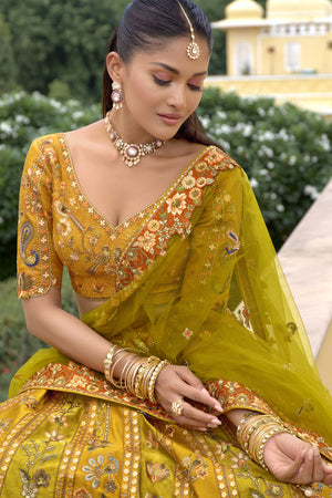 Mustard Floral Embroidered Silk Lehenga