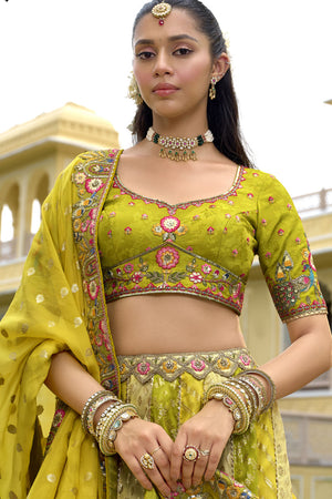 Green Floral Embroidered Silk Lehenga
