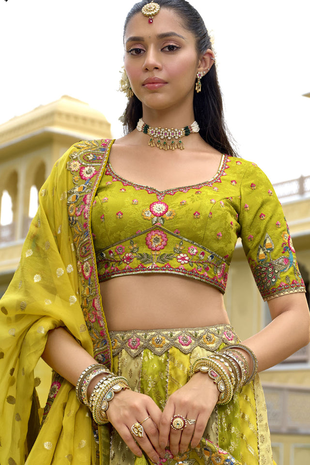 Green Floral Embroidered Silk Lehenga