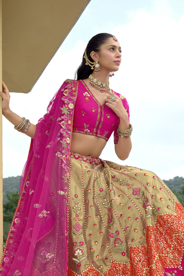 Golden Floral Embroidered Silk Lehenga