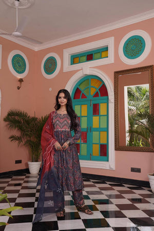 Red Ajrakh Printed Cotton Anarkali Suit Set