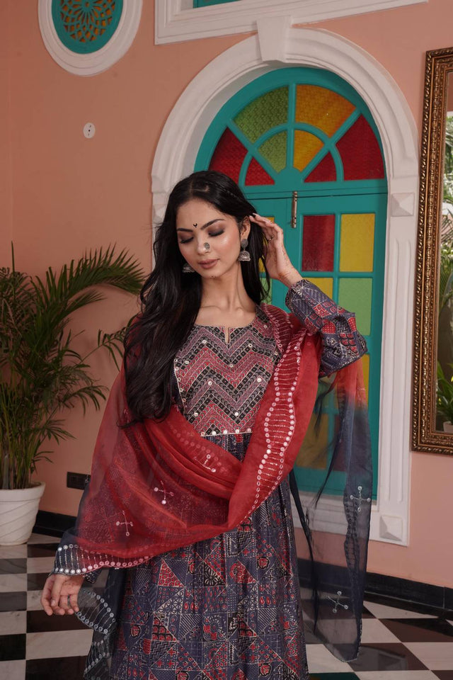 Red Ajrakh Printed Cotton Anarkali Suit Set