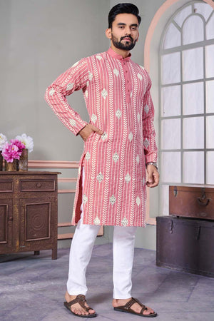 Pink Embroidered Linen Men's Kurta Set