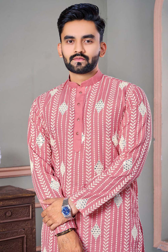 Pink Embroidered Linen Men's Kurta Set