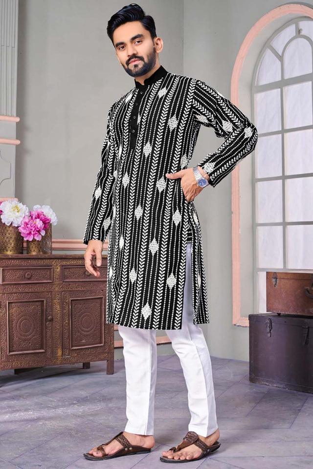 Black Embroidered Linen Men's Kurta Set