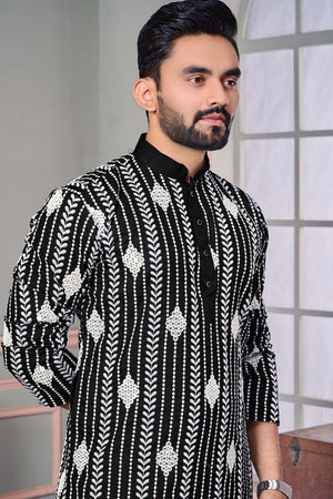 Black Embroidered Linen Men's Kurta Set